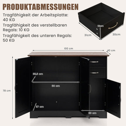 Schwarzes Küchenbuffet mit verstellbaren Einlegeböden und Schubladen