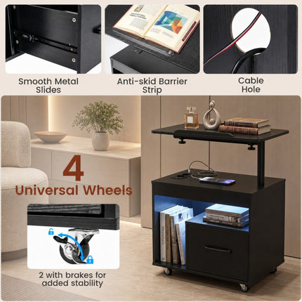 Table de chevet LED noire avec roulettes, ports de chargement et table inclinable