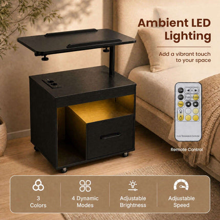 Table de chevet LED noire avec roulettes, ports de chargement et table inclinable