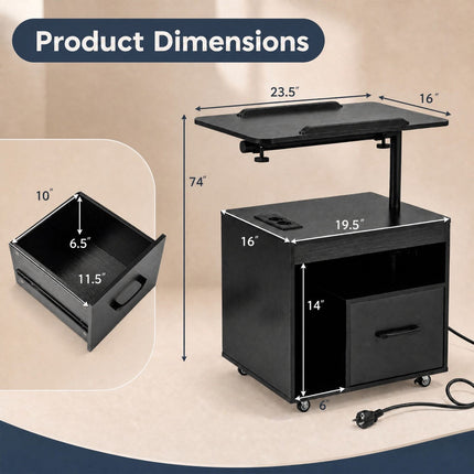 Table de chevet LED noire avec roulettes, ports de chargement et table inclinable