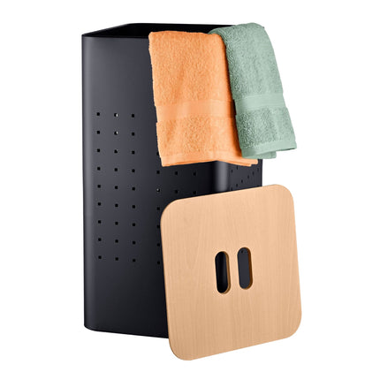 Panier à linge en métal noir avec couvercle, capacité de 55 L