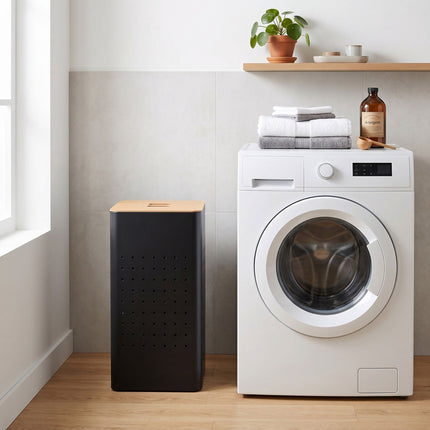 Panier à linge en métal noir avec couvercle, capacité de 55 L