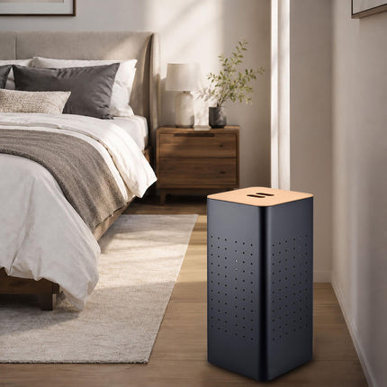 Panier à linge en métal noir avec couvercle, capacité de 55 L
