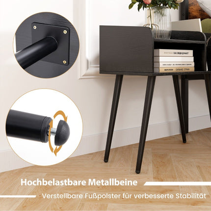 Schwarzer Nachttisch mit offenem Fach, Metallbeine, 2er-Set