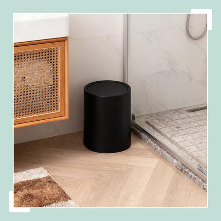 Poubelle de salle de bain en plastique noir avec couvercle basculant, capacité de 6 L
