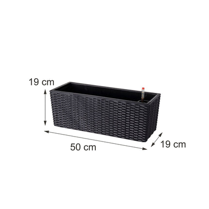 Schwarzer Rattan-Balkonpflanzkübel mit Wasserstandsanzeige