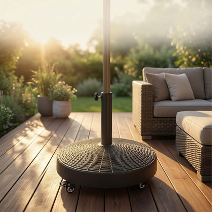 Schwarzer Sonnenschirmständer in Rattan-Optik mit Rollen