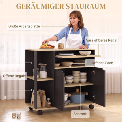 Chariot de cuisine roulant noir avec étagères réglables et rangement