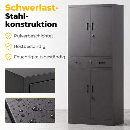 Armoire à outils en acier noir avec portes verrouillables et étagères réglables