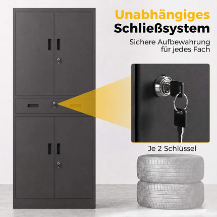 Armoire à outils en acier noir avec portes verrouillables et étagères réglables