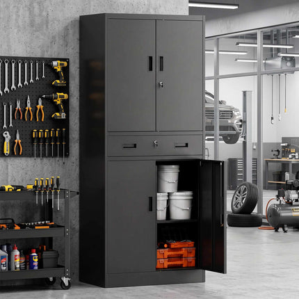 Armoire à outils en acier noir avec portes verrouillables et étagères réglables