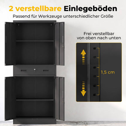 Armoire à outils en acier noir avec portes verrouillables et étagères réglables