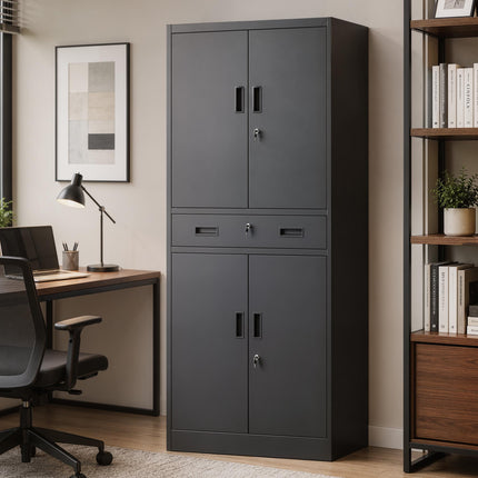 Armoire à outils en acier noir avec portes verrouillables et étagères réglables