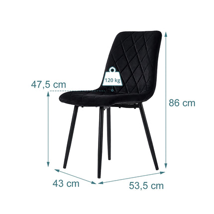 Chaises de salle à manger en velours noir, lot de 2, rembourrées
