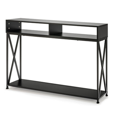 Table console noire avec étagère ouverte et structure en acier 120 x 23 x 79 cm