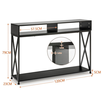 Table console noire avec étagère ouverte et structure en acier 120 x 23 x 79 cm