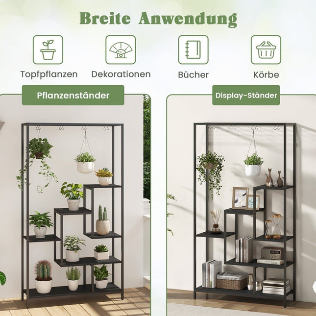 Support pour plantes noir 6 niveaux, étagère pour plantes 180 cm en métal avec 10 crochets en S