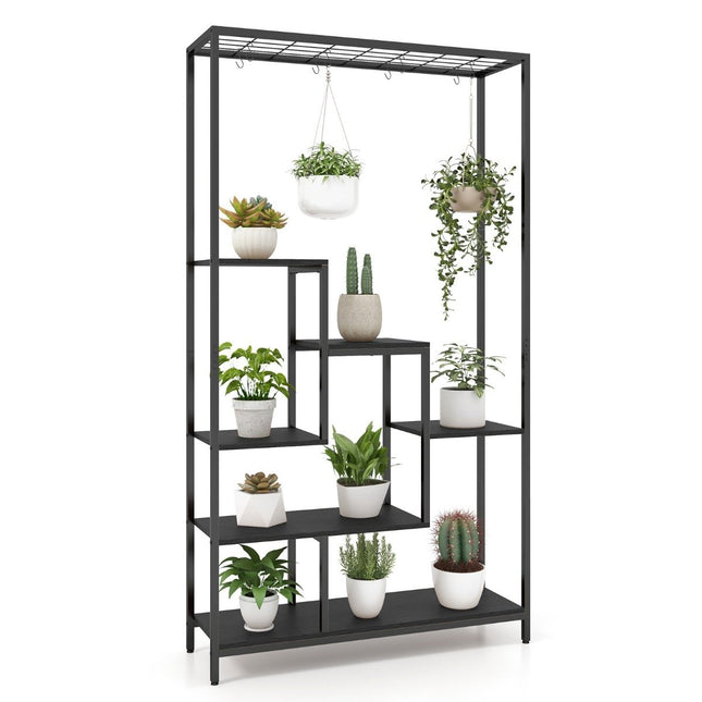 Support pour plantes noir 6 niveaux, étagère pour plantes 180 cm en métal avec 10 crochets en S