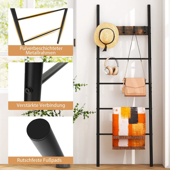 Blanket Ladder, 5-Tier Wall-Leaning With 5 Removable Hooks