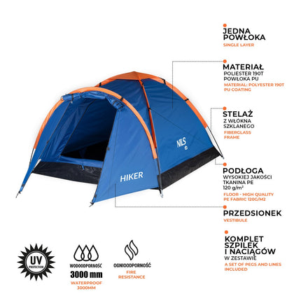 Tente de camping bleue pour randonneurs, capacité 2 personnes
