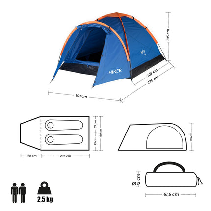 Tente de camping bleue pour randonneurs, capacité 2 personnes