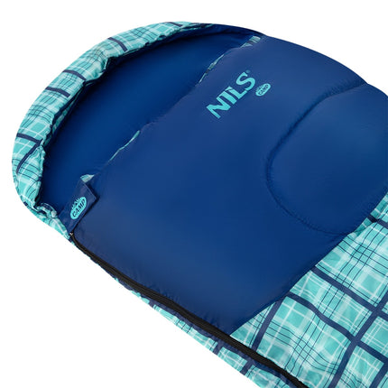 Sac de couchage à carreaux bleus, léger et compact