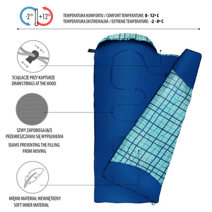 Sac de couchage à carreaux bleus, léger et compact