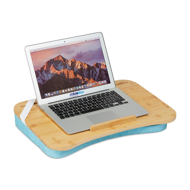 Bureau bleu avec plateau en bambou