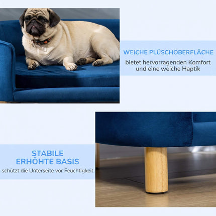 Canapé pour chien en velours bleu avec dossier et pieds en bois