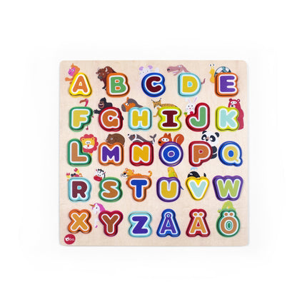 Bo. Puzzle éducatif en bois "Alphabet et animaux" (en langue finlandaise)