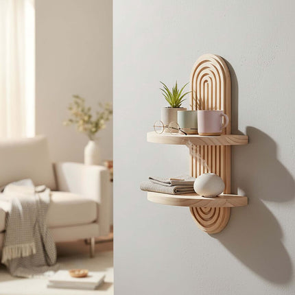 Étagères murales flottantes style bohème, lot de 2 – Pin, marron clair