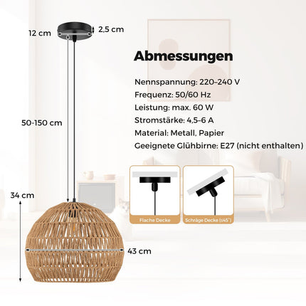 Suspension Boho, hauteur réglable, abat-jour en papier