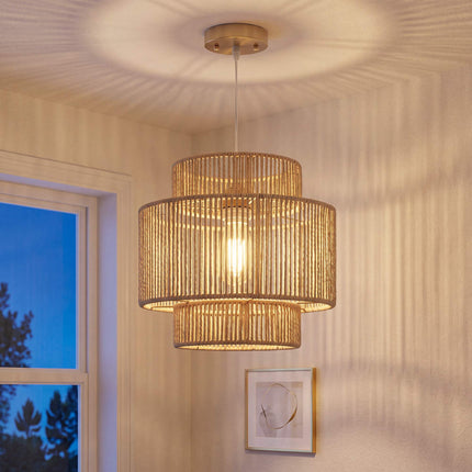 Boho Pendant Light with 3-Tier Hemp Rope Shade, E27, Light Brown