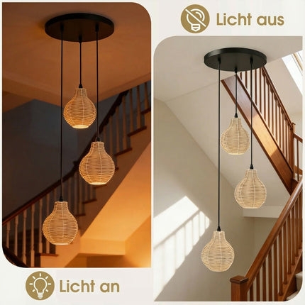 Suspension bohème en rotin, 3 lumières, hauteur réglable