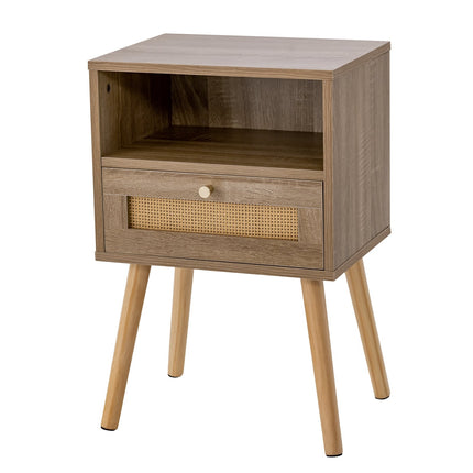 Nachttisch im Boho-Stil aus Rattan mit Schublade, Naturholz