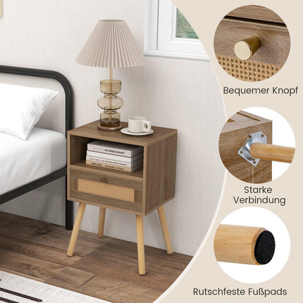 Nachttisch im Boho-Stil aus Rattan mit Schublade, Naturholz