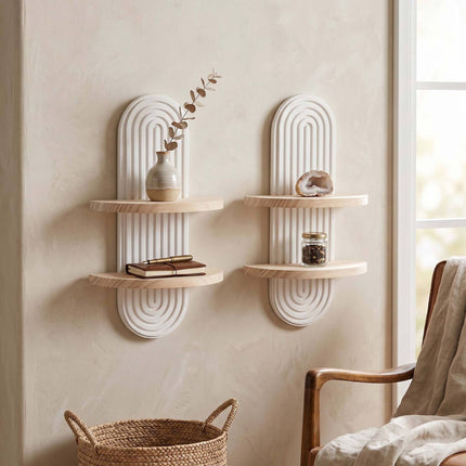 Ensemble d'étagères murales bohèmes, 2 pièces – Pin naturel, blanc/marron