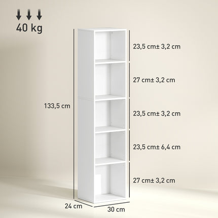 Bibliothèque, 5 compartiments, étagères réglables, bois, 30 x 24 x 133,5 cm, blanc