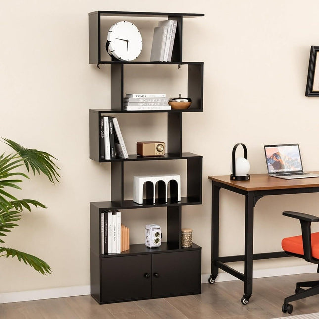 Bücherregal mit Türen &amp; 5 Ebenen Standregal aus Holz 183 x 70 x 23 cm Raumteiler schwarz