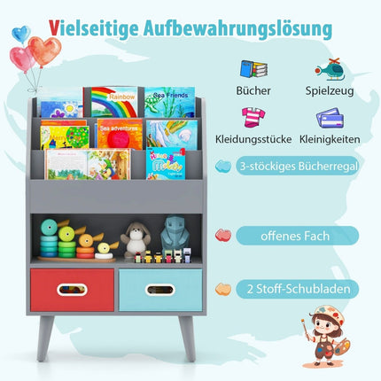 Bücherregal Kinder Kinderregal mit 3 Böden &amp; offenem Fach &amp; 2 grauen Stoffschubladen