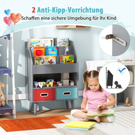 Bücherregal Kinder Kinderregal mit 3 Böden &amp; offenem Fach &amp; 2 grauen Stoffschubladen