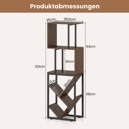 Bücherregal mit 3 offenen Ablagen, Baumdesign, 39,5x25x122cm