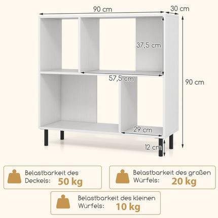 Bücherregal mit 4 Ablagen, Metallbeine, Weiß, 90x30x90 cm