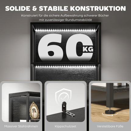 Bücherregal mit 5 Ablagen, LED-Beleuchtung, 7 Farben, Schwarz