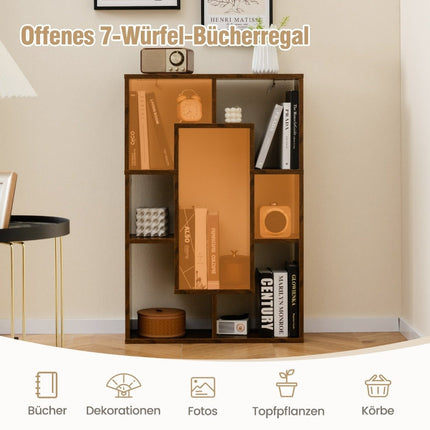 Bücherregal mit 7 Fächern, freistehendes Würfelregal, 60x20x90 cm, Kaffee