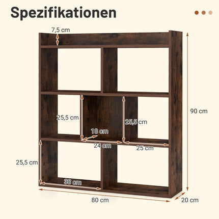 Bücherregal mit 7 Fächern, 80x20x90 cm, Kaffeefarben