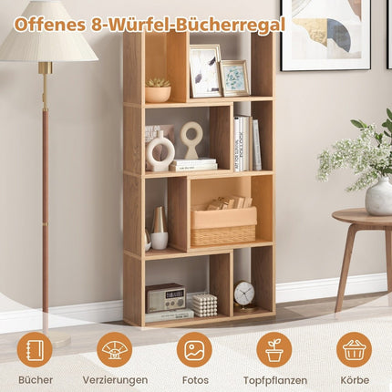 Bücherregal mit 8 Fächern, 4 Ebenen, 60x20x120 cm, Naturholz
