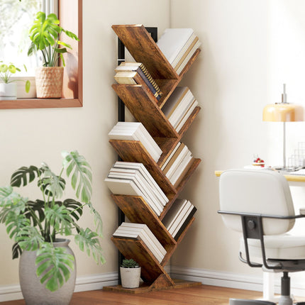 Bibliothèque à 9 niveaux, motif arbre, brun rustique