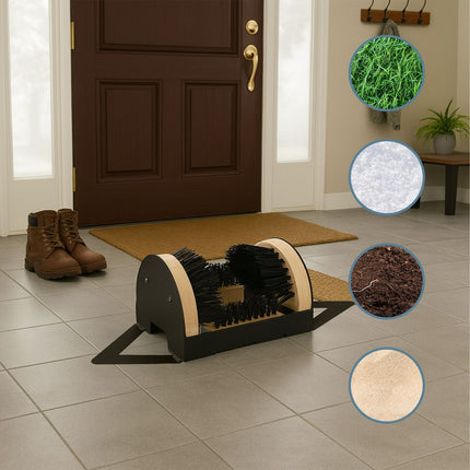 Nettoyeur de bottes avec brosses périphériques et repose-pieds