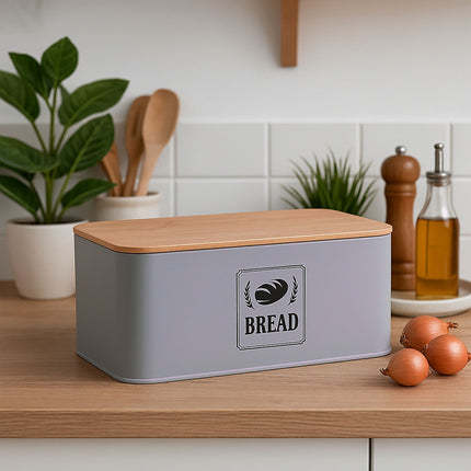 Boîte à pain avec couvercle en bambou - Design rétro, boîtier en métal